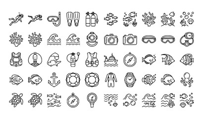 Diving and Scuba Line Icon Set Featuring Sea Ocean Snorkeling Fins and Underwater Symbols © Shameem
