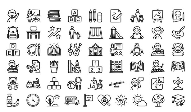Kindergarten Line Icon Set Featuring Children Educator Childhood Family and Learning Symbols