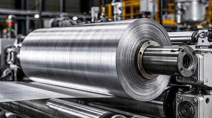 Naklejka premium Medium shot of graphite foil roll production showcasing the calender rolling thin compressed flakes into gasket grade sheets for industrial sealing applications.