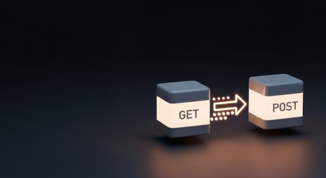 Two floating cubes with GET and POST text labels connected by an arrow, representing web development and data transfer concepts. Useful for technology tutorials, programming guides,