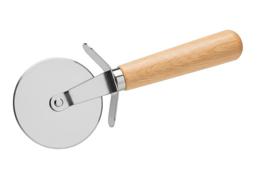 Handheld pizza cutter with wooden handle for slicing