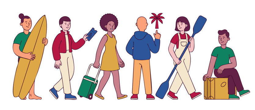 Travelers and Tourists group illustration, people with luggage and surfboards, holiday vacation concept, flat vector characters set, diverse group of tourists ready for a summer trip in a minimalist s