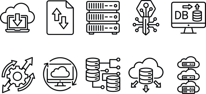 Cloud Computing Database Server Hosting and Network Data Encryption Key Line Icon Set for Tech Applications