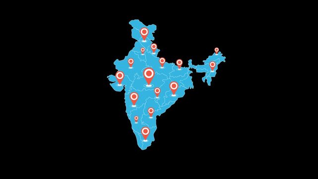 Animation of India Map with location pins having alpha channel