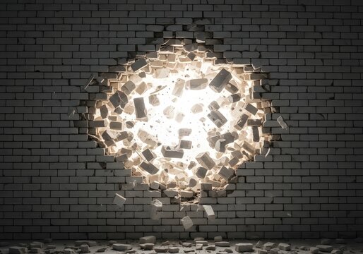 Exploding brick wall with bright light in the center