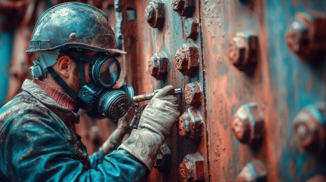 Industrial worker in protective gear inspects a weathered metal structure with large bolts.