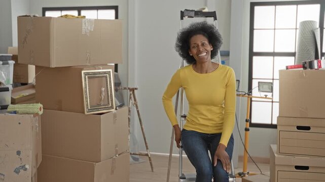 Woman smiling seated on ladder wearing yellow sweater with crossed arms beside stacked cardboard moving boxes in building; moving day joy.