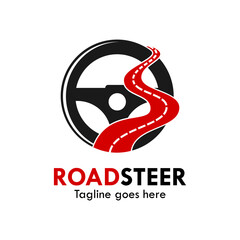 Roadsteer steering wheel with winding road logo template for driving school, automotive, transport, garage, logistics, and car service business. © Deni