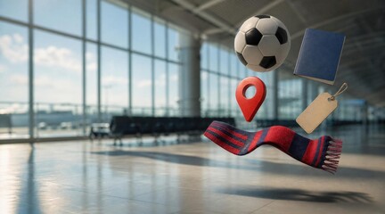 Global football fever celebration with soccer ball, scarf, location pin, tag, and book in airport waiting area