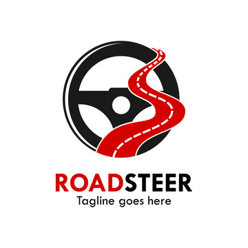 Roadsteer steering wheel with winding road logo template for driving school, automotive, transport, garage, logistics, and car service business.