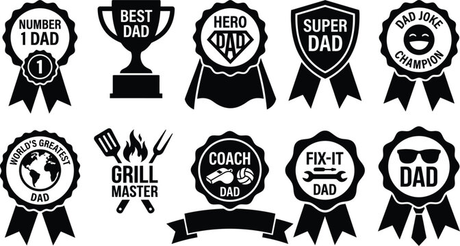 Fathers day award badges and medals set with dad titles in solid black.