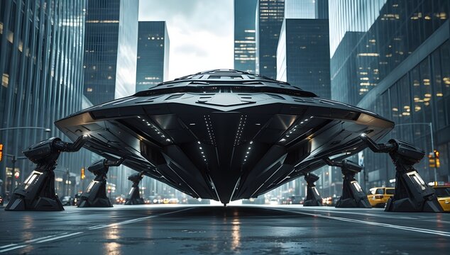 Create an ultra-realistic alien invasion dockyard where massive aquatic spacecraft rise from black water while robotic tendrils connect to coastal power grids