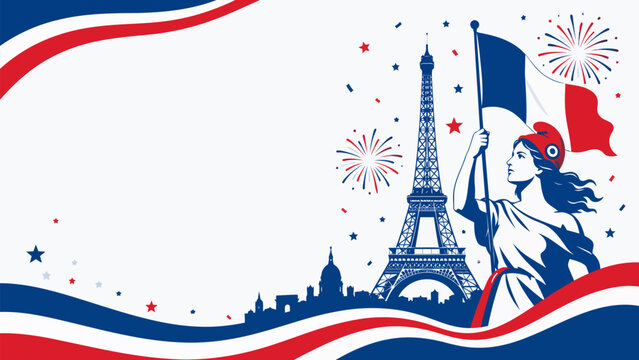 Bastille Day Celebration: An iconic illustration capturing the spirit of France's National Day, with the Eiffel Tower, Parisian skyline, and a triumphant figure holding the French flag.