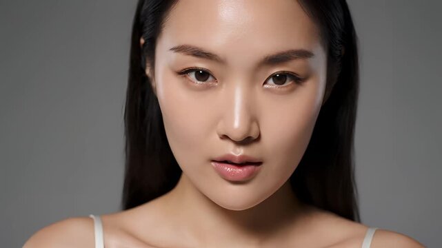 Closeup portrait of a young Asian woman with natural makeup and closed eyes showcasing her flawless skin and serene expression.