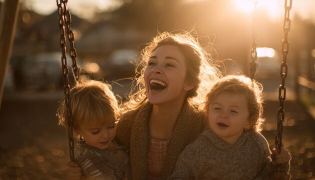 A single mother laughing while pushing her two young children on a swing set at a local playground, golden hour, joyful expression, candid moment, photorealistic