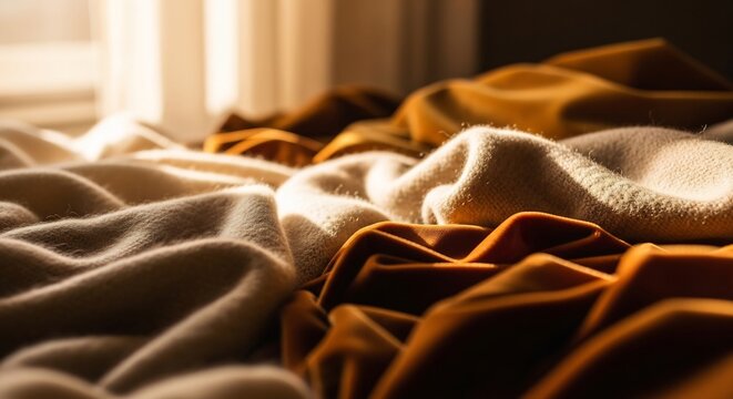 Soft wrinkled brown and orange blanket.