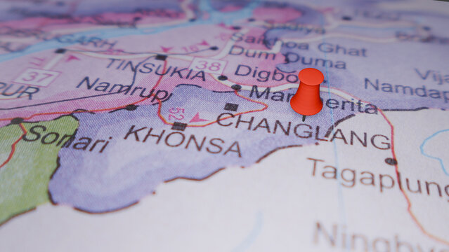 Red Pushpin on Map Highlighting Changlang, Arunachal Pradesh, India: Travel Destination Concept