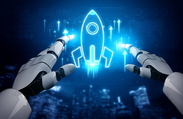 Fototapeta premium Futuristic Robot Hands Reaching for a Glowing Rocket Icon Symbolizing Innovation, Technology Advancement, and Space Exploration Concepts Sigmoid