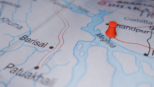 Close-up of a Map with a Red Pin on New Moore Island, India - Navigation and Exploration