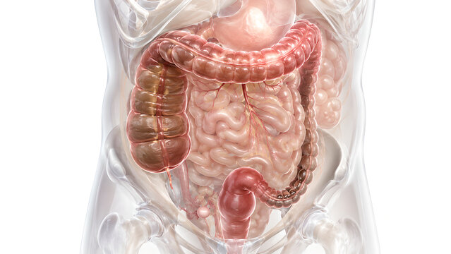 Large Bowel Obstruction Anatomy 3D Render Showing Dilated Colon and Focal Blockage for Digestive Health Education
