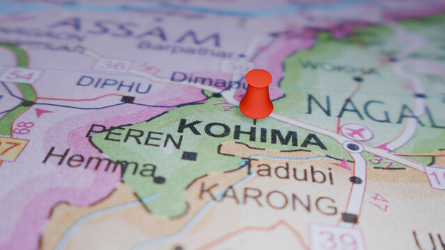 Red pin on Kohima map in Nagaland