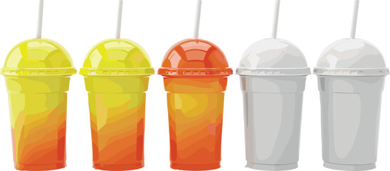 Colorful plastic smoothie cups vector set with dome lids and straws for juice drink packaging design © Prodip