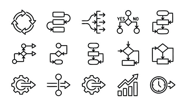 Set of 15 workflow and process arrow line icons featuring business flowchart, data flow diagram, decision tree, organizational structure, project management steps, and system optimization symbols.