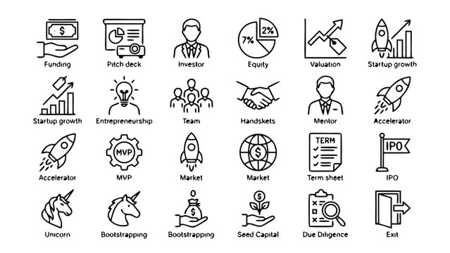 Professional set of 24 startup and venture capital line icons including funding, pitch deck, investor, equity, valuation, growth, entrepreneurship, team, mentor, accelerator, MVP, IPO, and exit.