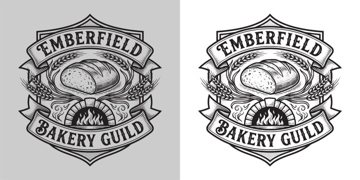 Heraldic Emberfield Bakery Guild emblem with bread and flaming oven