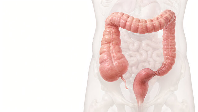 Large Bowel Obstruction Anatomy 3D Render Showing Dilated Colon and Focal Blockage for Digestive Health Education