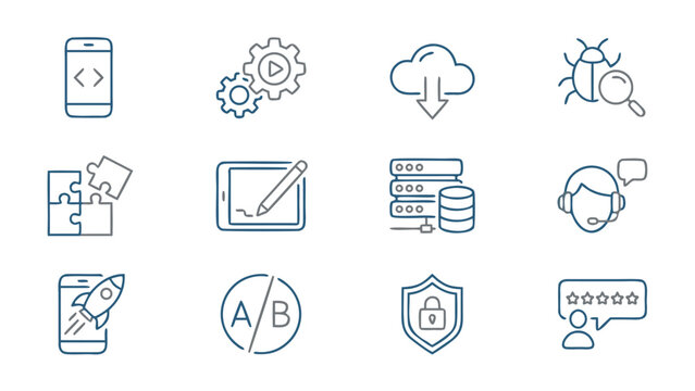 Vector set of mobile app development and coding line icons in a minimalistic style. Includes symbols for programming, cloud, debugging, UI design, database, security, A/B testing, and support.