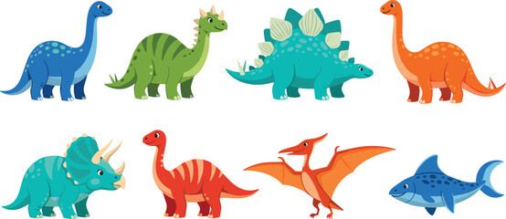 Colorful prehistoric dinosaur and marine reptile cartoon vector collection for kids education and wildlife design © Prodip