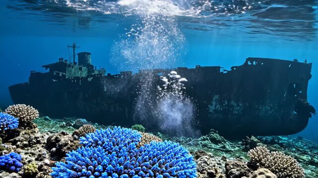 Aerial view of deforested land beside dense forest followed by underwater shipwreck with coral reef. Environmental impact and marine research, site exploration