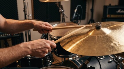 Obraz premium Close-up of a person playing a drum set with drumsticks on cymbals