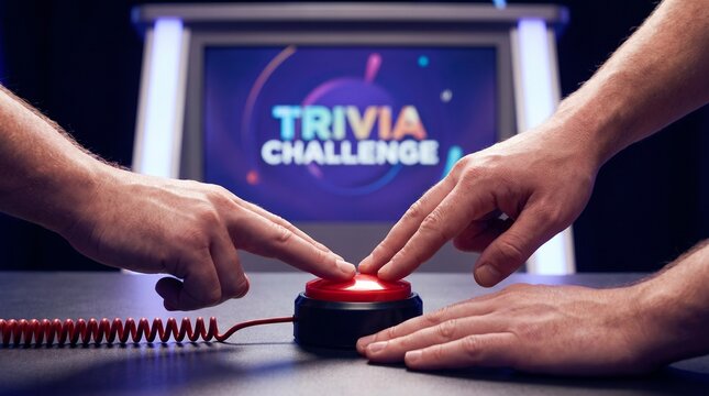 Two people competing in a trivia game show pressing a red buzzer button