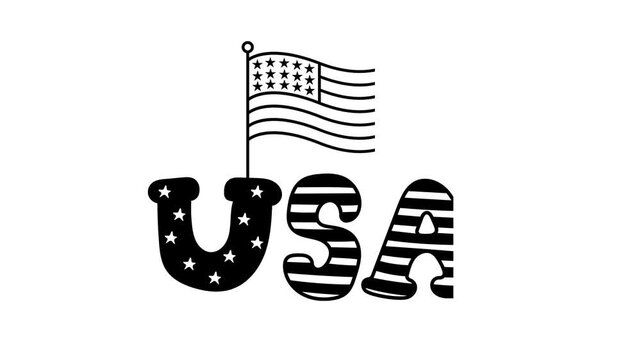 USA patriotic typography with American flag, black and white hand-drawn United States text, minimalist patriotic illustration for national holidays