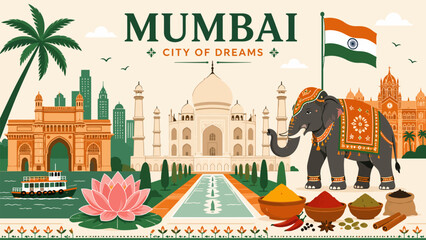 Vibrant Mumbai Collage: A colorful illustration capturing the essence of Mumbai, featuring iconic landmarks like the Gateway of India, Taj Mahal, a decorated elephant, spices, and the Indian flag. © Ahmed