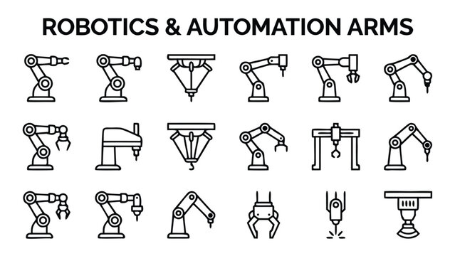 Vector Set of Industrial Robotics and Automation Arm Line Icons; Minimalist Design Featuring Articulated Arms, Delta Robots, Grippers, Welding Tools, and Factory Manufacturing Equipment Icons.