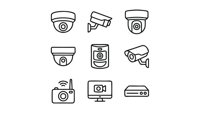 Vector Set of Security Camera and CCTV Line Icons Featuring Dome, Bullet, Wireless, and Doorbell Cameras, Video Monitoring Screen, and DVR Recorder in a Minimalistic Style for Home and Office Safety.