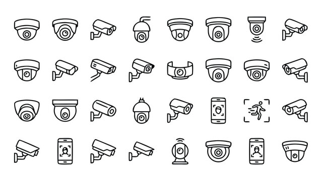 Comprehensive Collection of Security Camera and CCTV Line Icons in Minimalistic Style; Surveillance, Monitoring, Facial Recognition, and Motion Detection Symbols on a White Background.