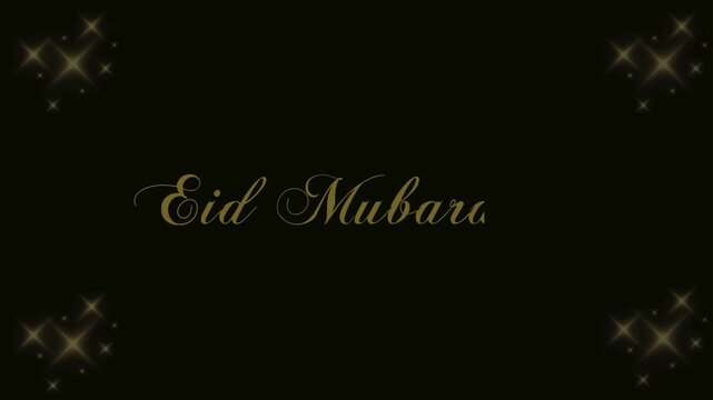 Eid Mubarak golden calligraphy on black background, elegant Islamic holiday greeting with sparkling stars, luxury religious celebration video animation