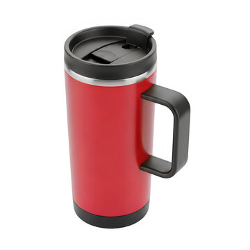 A red travel mug with a black lid and handle is shown in a photo here
