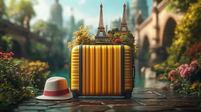 Bright yellow suitcase with miniature Eiffel Towers by tranquil water