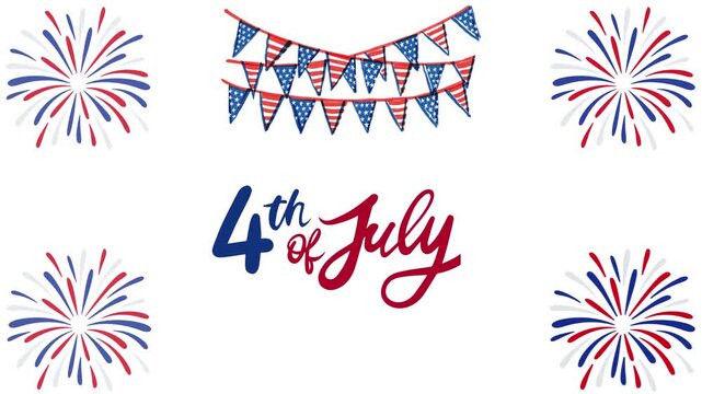 4th of July patriotic celebration background, American Independence Day typography with fireworks and bunting, red white and blue holiday animation