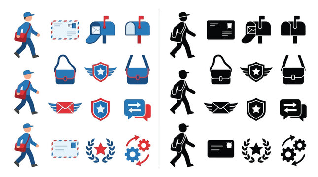 Collection of postal service icons and illustrations, including mail carriers, mailboxes, envelopes, and communication symbols in both color and silhouette.