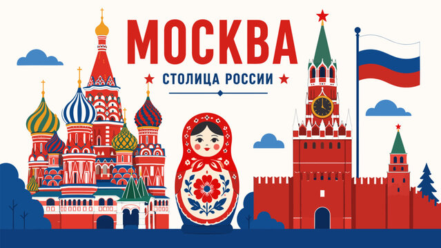 Moscow Cityscape: A vibrant illustration showcasing iconic Moscow landmarks including St. Basil's Cathedral, the Kremlin, and a matryoshka doll, set against a backdrop of the Russian flag and clouds.