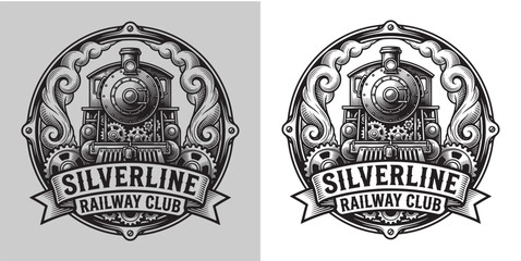 Vintage style railway club emblem with steam train and gears in monochrome line art © Hamdani