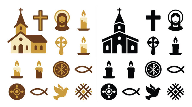 Collection of Christian religious symbols and icons in color and silhouette, representing faith and spirituality.