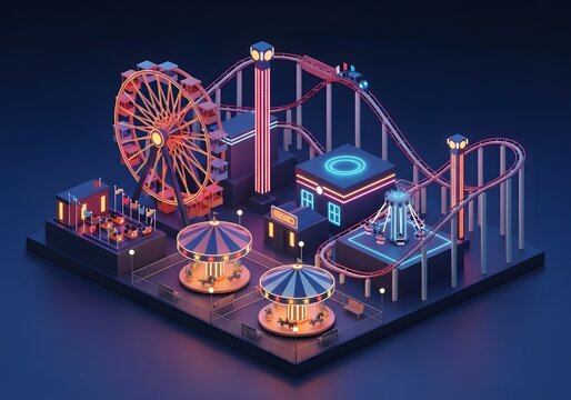 Isometric 3d illustration of a glowing neon amusement park