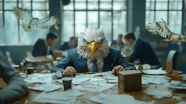 Business meeting with an eagle-headed figure in a chaotic office environment